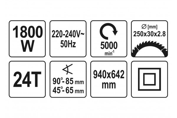 Пила циркулярна мережева YATO 1.8 кВт диск 254 x 30 мм нахил 45°
