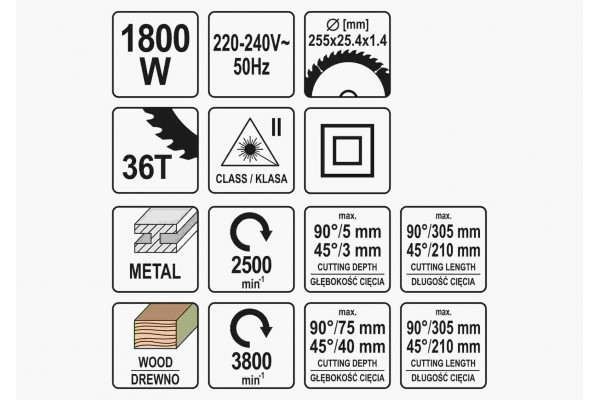 Пила торцьовальна по дереву і металу з лазером і протяжкою YATO 1.8 кВт диск 255 x 25.4 мм
