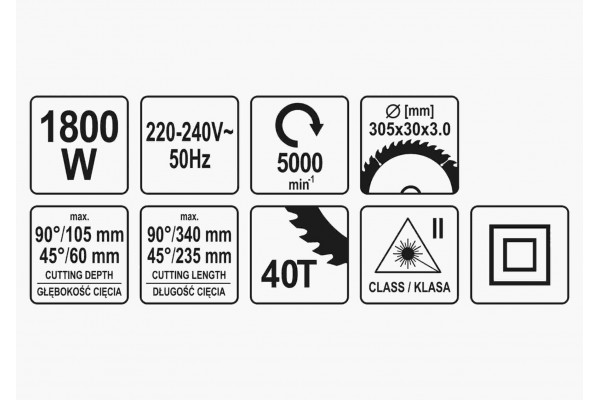 Пила торцьовальна з лазером і протяжкою YATO 1.8 кВт диск 305 x 30 мм