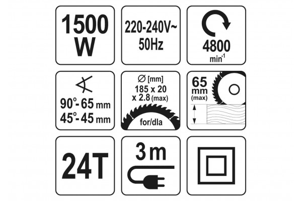 Пила дискова мережева YATO 1500 Вт диск 185 x 20 x 2.8 мм 0-45° 65 мм