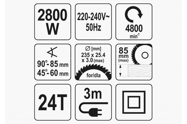 Пила дискова мережева YATO 2800 Вт диск 235 x 25.4 x 3 мм 0-45° 85 мм