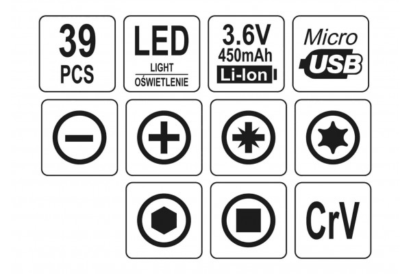 Викрутка акумуляторна з набором біт YATO Li-Ion 3.6В 450 мАгод LED-підсвітка HEX-1/4" 39 шт + кейс