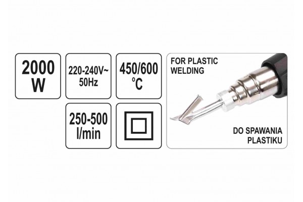 Фен технічний мережевий YATO 2 кВт 450°/600° 250/500 л/хв регулятор температури + 4 насадки