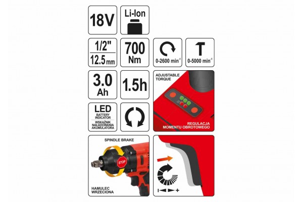 Гайковерт ударний акумуляторний безщітковий YATO Li-Ion 18 В 3 Агод 700 Нм 1/2" + кейс