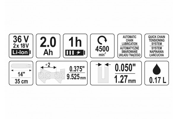 Пила ланцюгова акумуляторна YATO 36 В (2 x Li-Ion 18 В) 2 Агод 14"/35 см