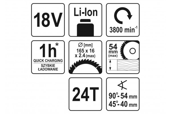 Пила дискова акумуляторна YATO Li-Ion 18 В диск 165 мм (без акумулятора і зарядного пристрою)