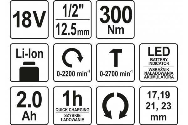 Гайковерт ударний акумуляторний YATO Li-Ion 18 В 2 Агод 300 Нм + 4 насадки