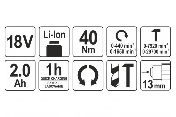 Шуруповерт-дриль ударний акумуляторний YATO Li-Ion 18 В 2 Агод 40 Нм