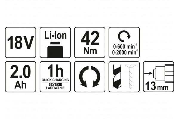 Шуруповерт-дриль безщітковий акумуляторний YATO Li-Ion 18 В 2 Агод 42 Нм