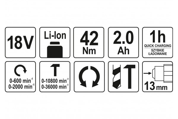 Шуруповерт-дриль ударний безщітковий акумуляторний YATO Li-Ion 18 В 2 Агод 42 Нм