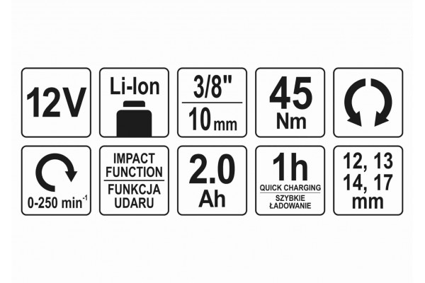 Тріщатка ударна акумуляторна YATO Li-Ion 12 В 2 Агод 3/8" 45 Нм + 4 торцеві головки