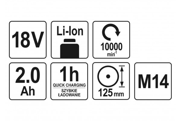 Шліфмашина кутова акумуляторна YATO Li-Ion 18 В 2 АГод