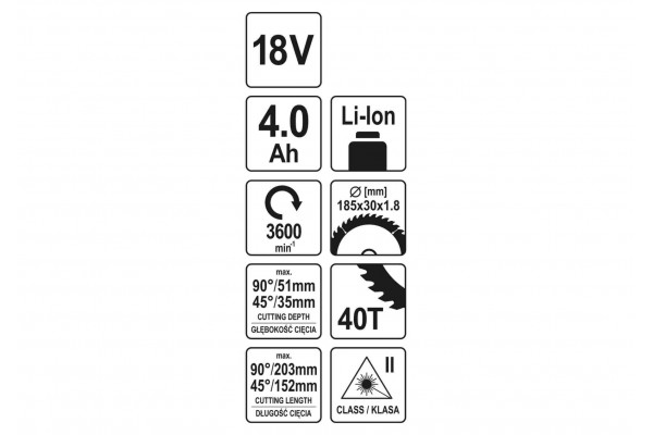 Пила торцьовальна по дереву акумуляторна YATO Li-Ion 18 В 4 Агод диск 185 мм
